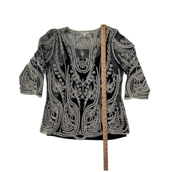 Ultra Pink Black and Cream Gold Sheer Embroidered 3/4 Sleeve Tank Blouse Large - Picture 10 of 11